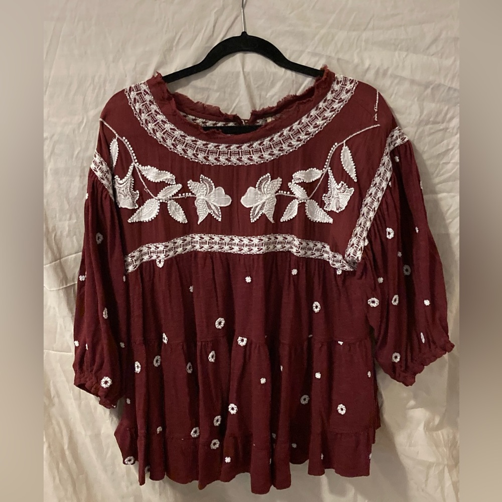 Free People Burgundy Blouse with White Embroidery